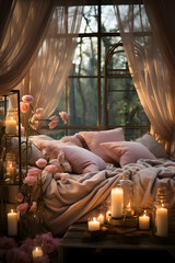 Obraz na płótnie Canvas Elegant bedroom with canopy bed in white and orange tones