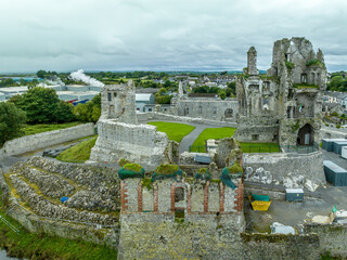 Aerial view of the Desmond castle in Askeaton Ireland in County Limerick on the river Deel, with...
