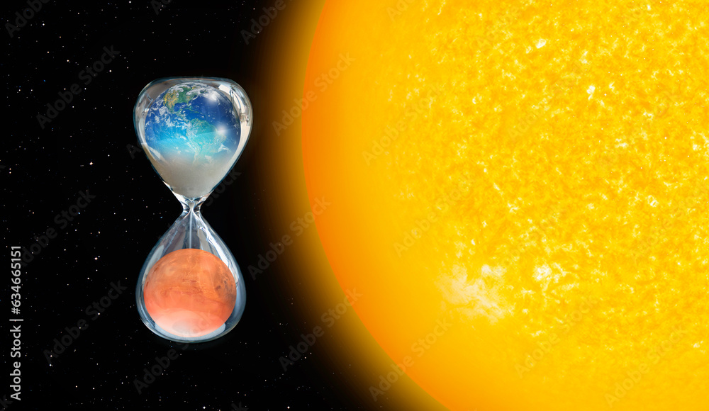 Aufkleber Global warming concept - Planet Earth is becoming a dead planet like Mars - Hourglass inside Planet Earth and Mars isolated on black background 