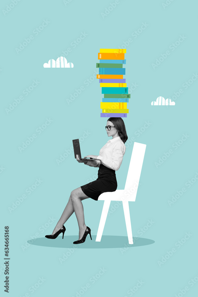 Aufkleber vertical collage image of black white effect elegant girl sit chair use netbook pile stack book head