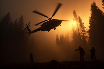 Fototapeta na wymiar helicopter and firefighters in forest on fire. Generative AI