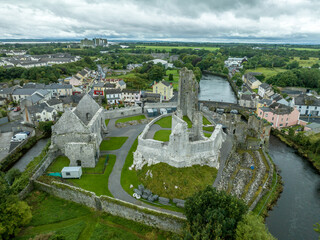 Aerial view of the Desmond castle in Askeaton Ireland in County Limerick on the river Deel, with...