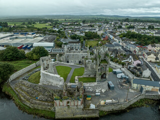 Aerial view of the Desmond castle in Askeaton Ireland in County Limerick on the river Deel, with...