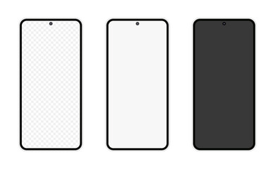 Three Phone mockup. Transparent screen with easily editable line art. Vector stock illustration.