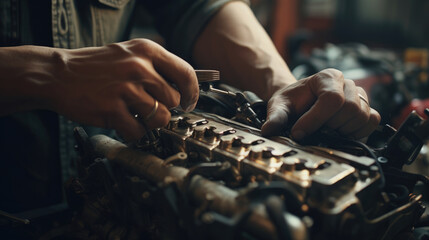 Fototapeta premium A mechanic repairing a car's engine