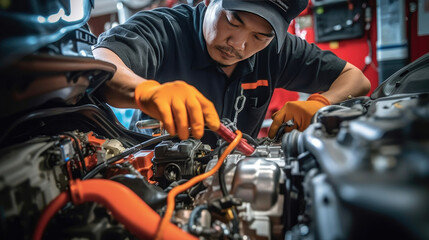 Fototapeta na wymiar A mechanic repairing a car's engine