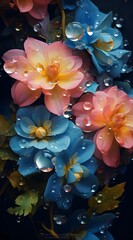 flower background, summer, bright summer fresh flowers with dew drops, in blur, fog, flower background for phone, AI generated