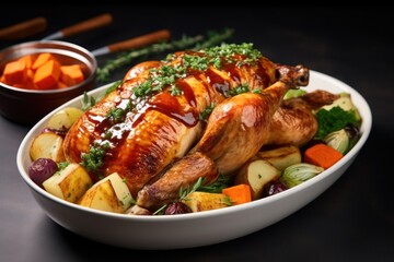 Thanksgiving roasted turkey in a plate with vegetables, closeup view
