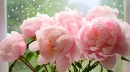 Fototapeta premium flower peonies, background, summer, bright summer fresh flowers with dew drops, in blur, fog, flower background for phone, AI generated