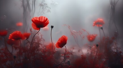 flower red poppies background, summer, bright summer fresh flowers with water drops, in blur, fog, flower background for phone, AI generated