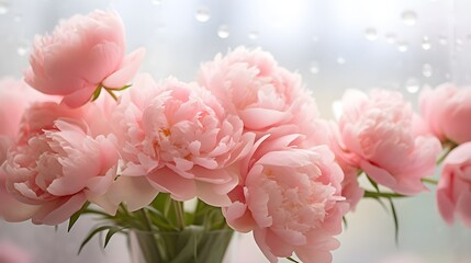 Obraz premium flower peonies, background, summer, bright summer fresh flowers with dew drops, in blur, fog, flower background for phone, AI generated