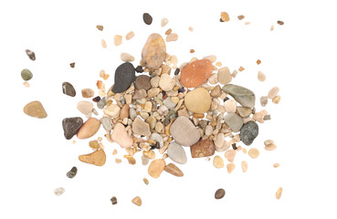 Colorful rounded sea pebbles and sand, rocks isolated on white, top view