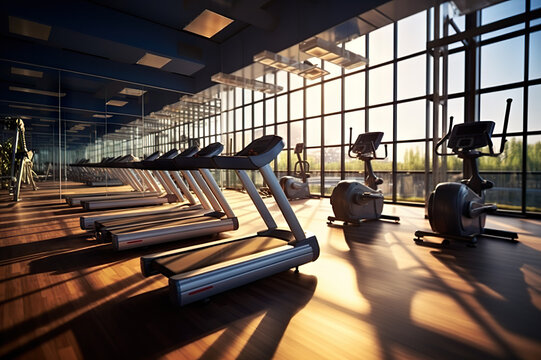 Energizing Morning Workouts Inside a Modern Fitness Center Gym Club with Treadmills on a Sunny Day. created with Generative AI
