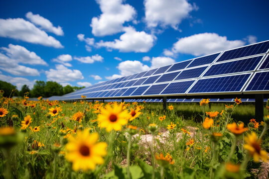 An array of solar panels in field of wildflowers.. Generative AI