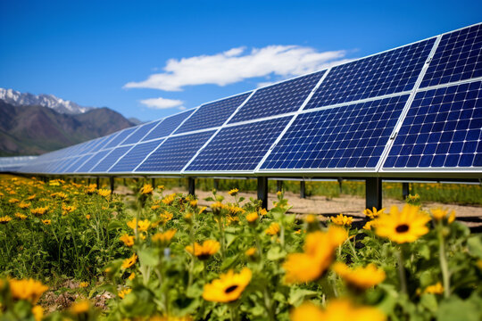An array of solar panels in field of wildflowers.. Generative AI