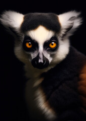 Animal face of a wild lemur on a black background conceptual for frame