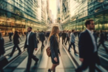 Time-Lapse of Business People Walking Amidst City Skyscrapers with Artistic Blur Effect. created with Generative AI