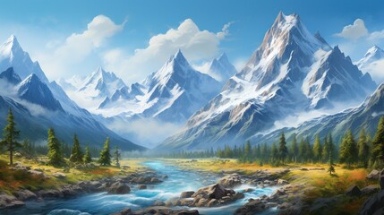  a painting of a mountain range with a river running through it.  generative ai