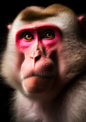Animal portrait of a japanese macaque on a dark background conceptual for frame