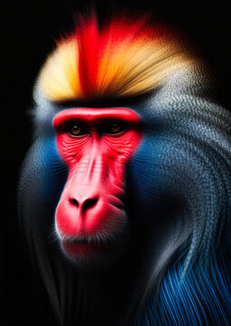 Animal portrait of a wild mandrill on a dark background conceptual for frame