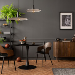 Interior design of living room interior with mock up poster frame, round black coffee table, wooden sideboard, stylish chair, plants, rack, lamp and personal accessories. Home decor. Template.