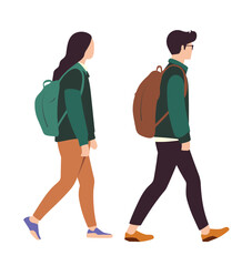Side view of a college students walking with backpack
