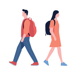 Side view of a college students walking with backpack
