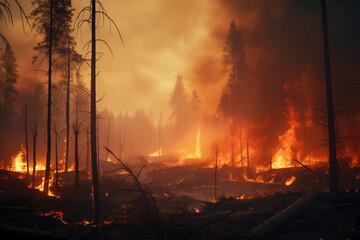 Fototapeta premium Strong forest fire. The trees are on fire. Generative AI