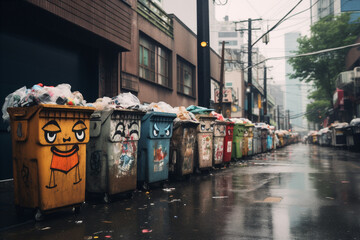 garbage containers standing on city streets.  
