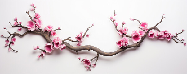 gnarled plum branches with lovely pink flowers on a white background. Generative AI