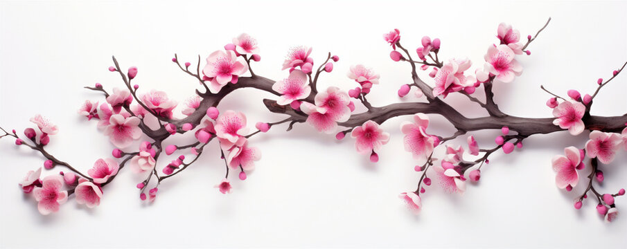 gnarled plum branches with lovely pink flowers on a white background. Generative AI