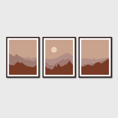 Vector set of modern abstract mountain nature landscape wall art with moon.
