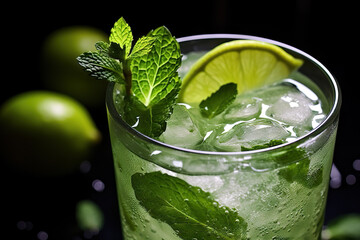 Closeup Photo of Cold Alcoholic Drink with Lime, Ice, and Mint on Black Background. created with Generative AI