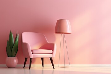 Pink room with chair, lamp, vases. Light background for web page or presentation background.
