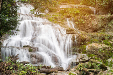 Fototapeta premium Natural waterfall view flowing through the rocky mountain with tropical forest and moss in sun light effect and dark green tone
