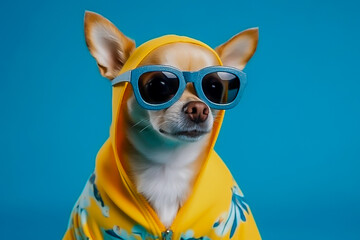 chihuahua dog in hipster clothes and sunglasses on a blue background in the studio. Image generated by AI