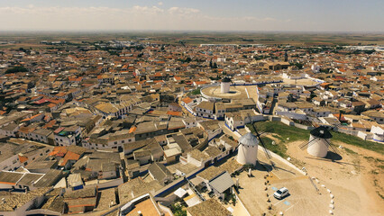 Aerial view of three windmills in Castilla la Mancha