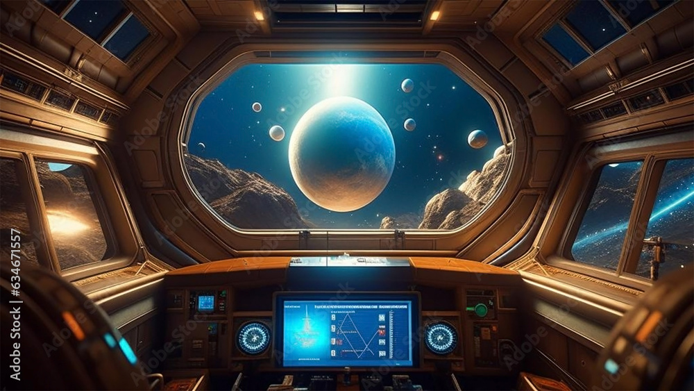 Poster looking out of a space ship with planets and stars in the distance.adventure, exploring galaxy, scie