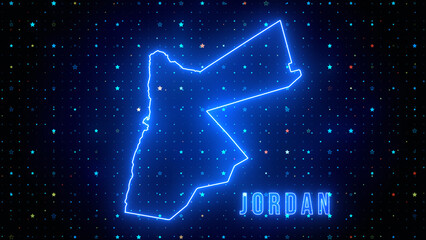 Futuristic Blue Shine Jordan Outline Map And Label Text Glowing Neon Light With Stars Sparkle Grid Background