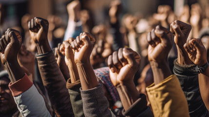 Fototapeta na wymiar Close-up of people demonstrating on the street. Hands raised high during a protest