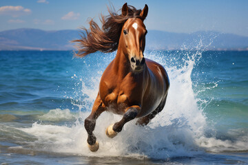 horse running along the sea.  