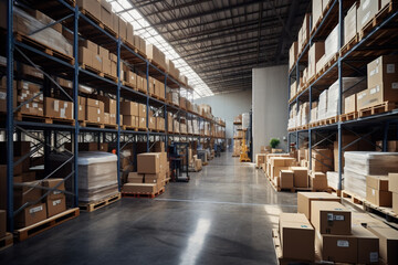 Large clean warehouse with shelves and boxes on them.  