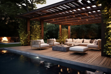 Fototapeta premium Luxurious backdoor garden interior design with swimming pool. Generative AI