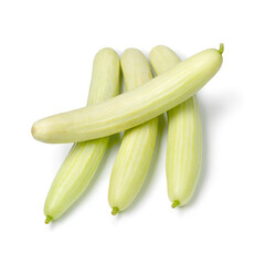 Heap of fresh white cucumbers close up isolated on white background