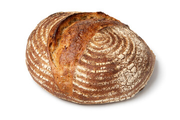 Single traditional homemade sourdough bread isolated on white background close up