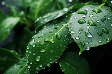 raindrops on green leaves. Generative AI