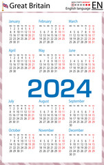 English vertical pocket calendar for 2024. Week starts Monday