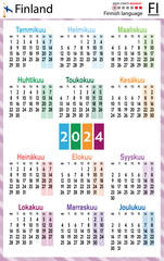 Finnish vertical pocket calendar for 2024. Week starts Monday