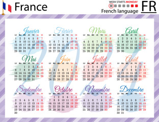 French horizontal pocket calendar for 2024. Week starts Monday