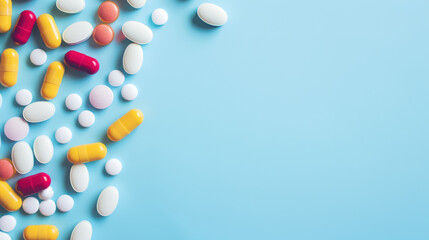 Colorful medicine tablets antibiotic pills on soft blue background - obrazy, fototapety, plakaty